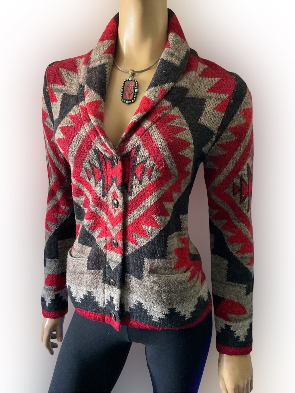 Ralph Lauren Red, Gray & Black Aztec Shawl-Collar Cardigan